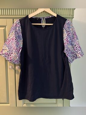 Talbots Navy Top with Purple Floral Puff Sleeves